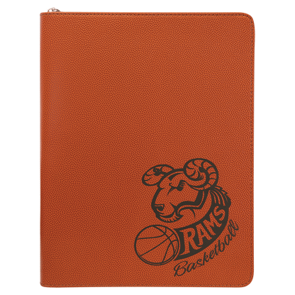 9.5" x 12" Basketball laserable leatherette portfolio with zipper and notepad, custom engraved padfolio