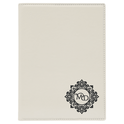 7" x 9" White laser engraved leatherette portfolio with notepad, custom logo padfolio