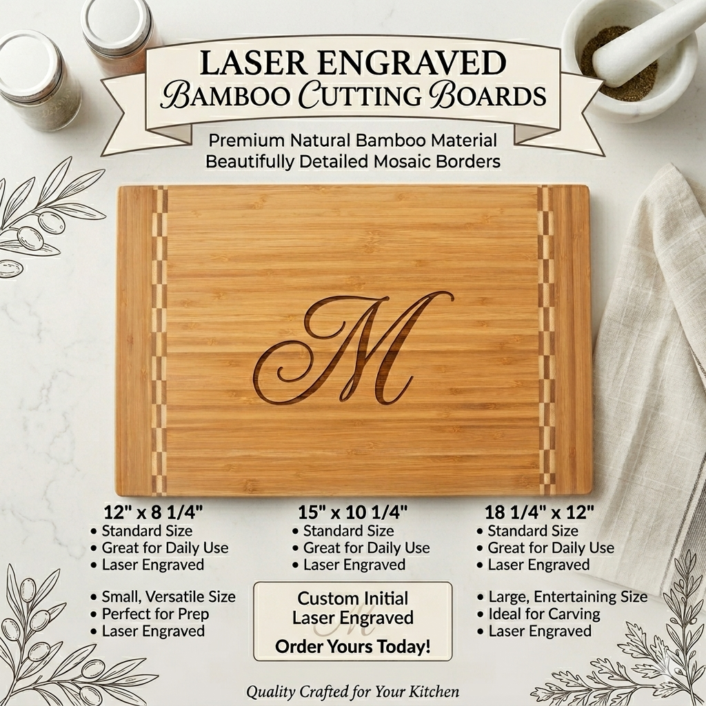 Rectangular personalized bamboo cutting board with custom engraving, resting on a kitchen counter.