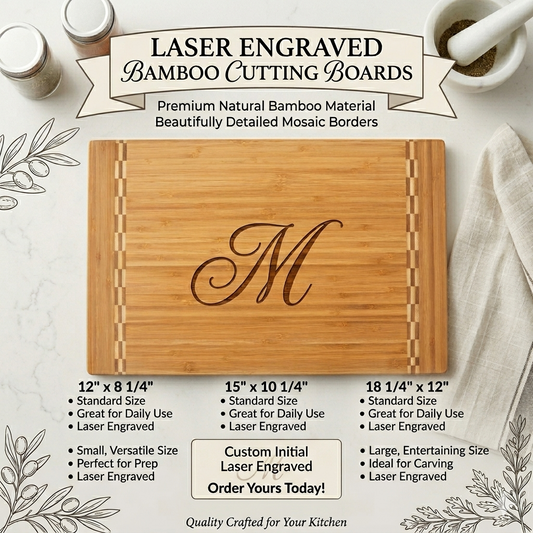 Rectangular personalized bamboo cutting board with custom engraving, resting on a kitchen counter.