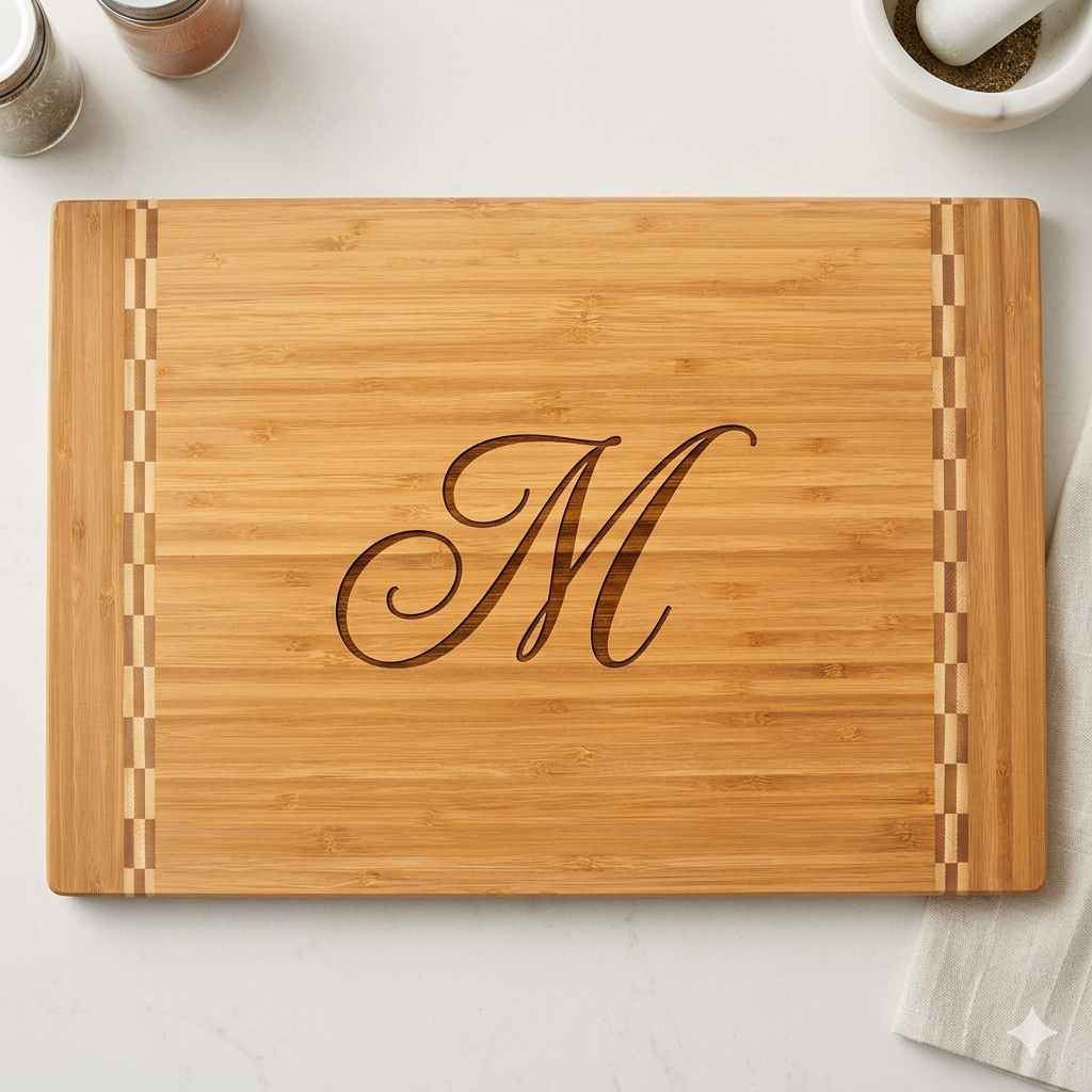 Close-up of an engraved bamboo cutting board showcasing personalized text and a custom design.