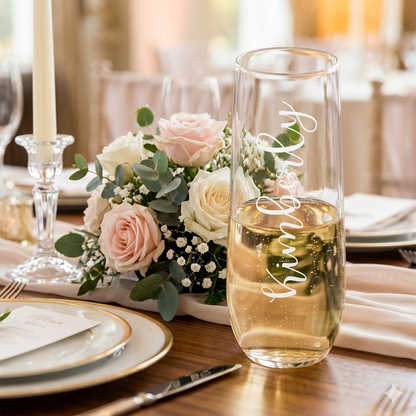 Etched champagne glass displayed on a table, ready for a wedding or bridal shower toast.