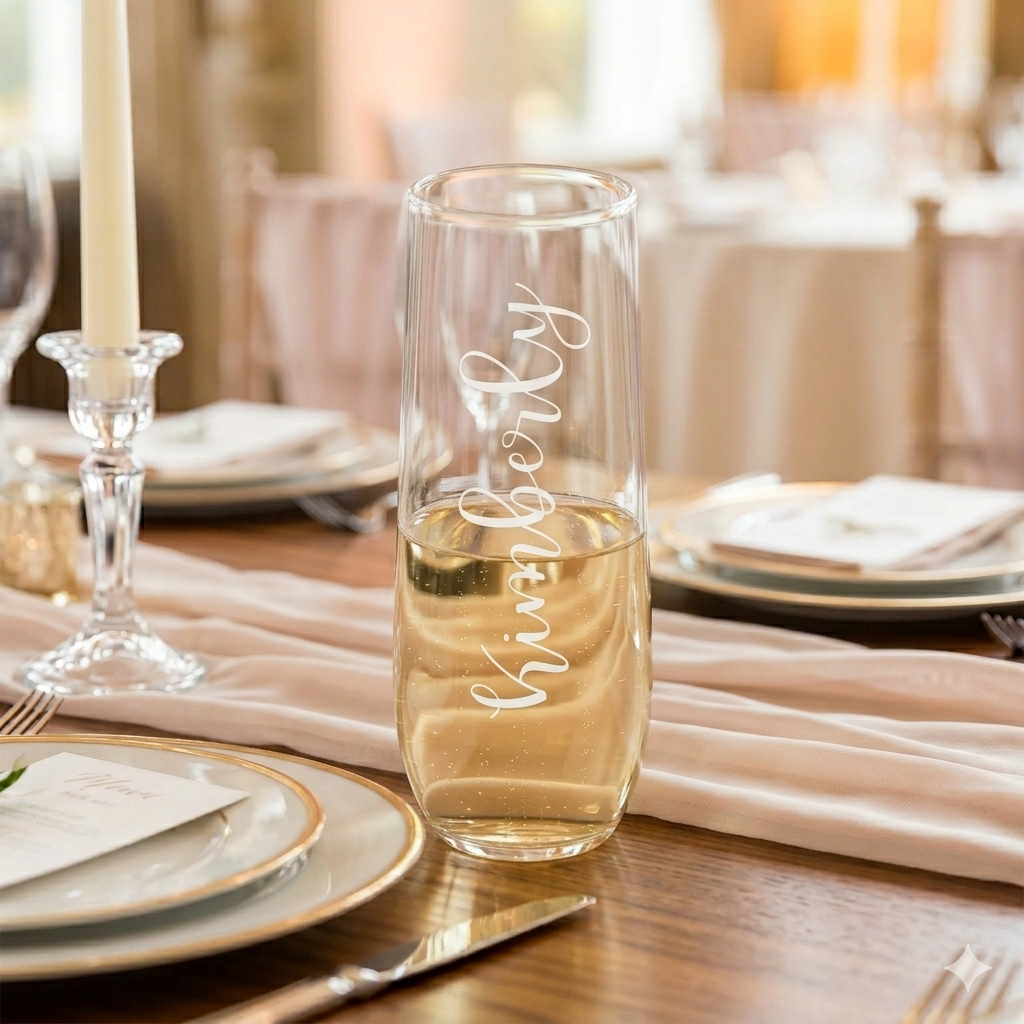 Single personalized champagne glass with custom laser engraving, elegant for wedding or celebration.