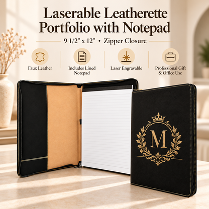 Engraved Leatherette Portfolio with Zipper and Notepad, 9.5" x 12", Personalized Padfolio with Name or Logo