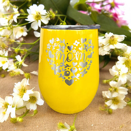 Personalized Mom Mug, Heart Flowers Wine Cup Coffee Tumbler