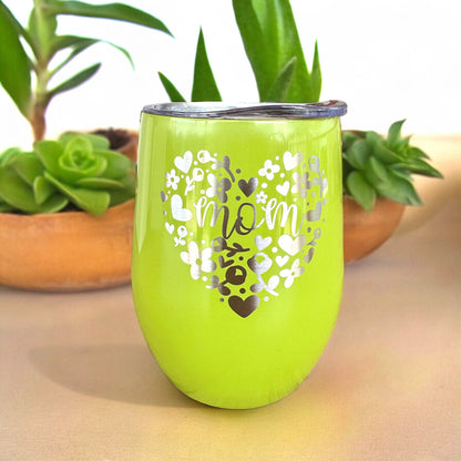Personalized Mom Mug, Heart Flowers Wine Cup Coffee Tumbler