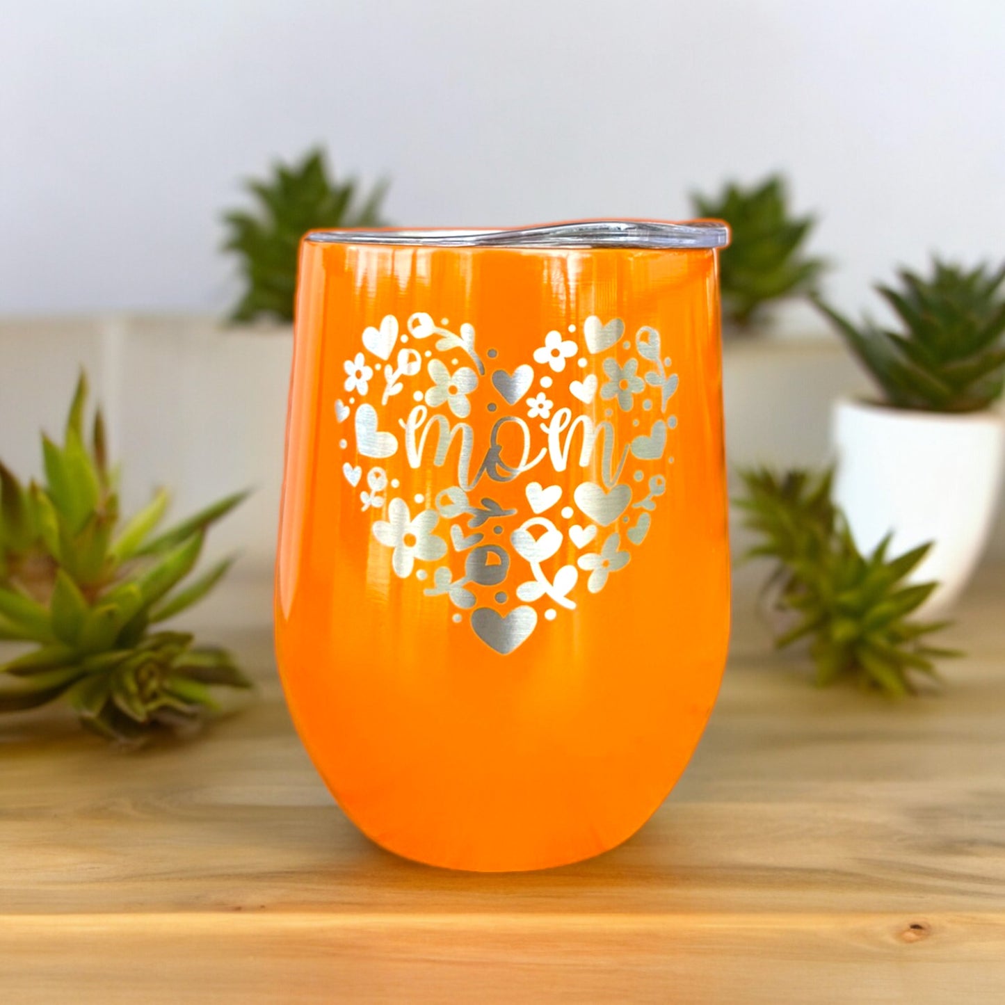 Personalized Mom Mug, Heart Flowers Wine Cup Coffee Tumbler