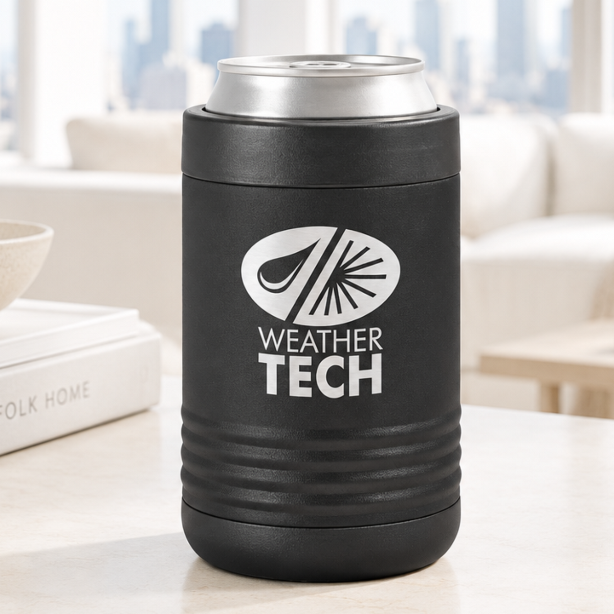 Black laser engraved custom logo insulated stainless steel can holder