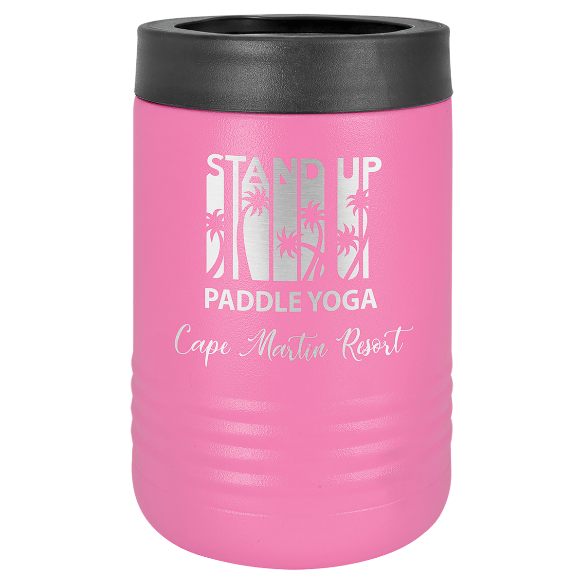 Pink laser engraved custom logo insulated stainless steel can holder
