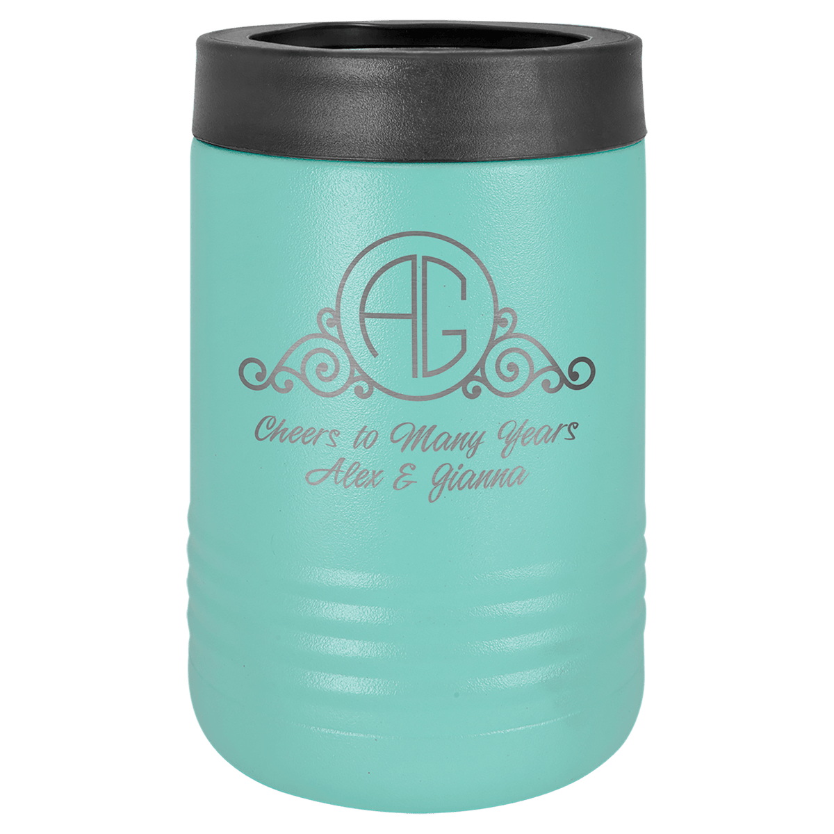 Teal laser engraved custom logo insulated stainless steel can holder