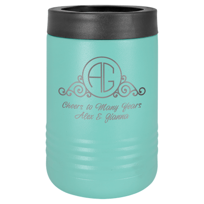Teal laser engraved custom logo insulated stainless steel can holder