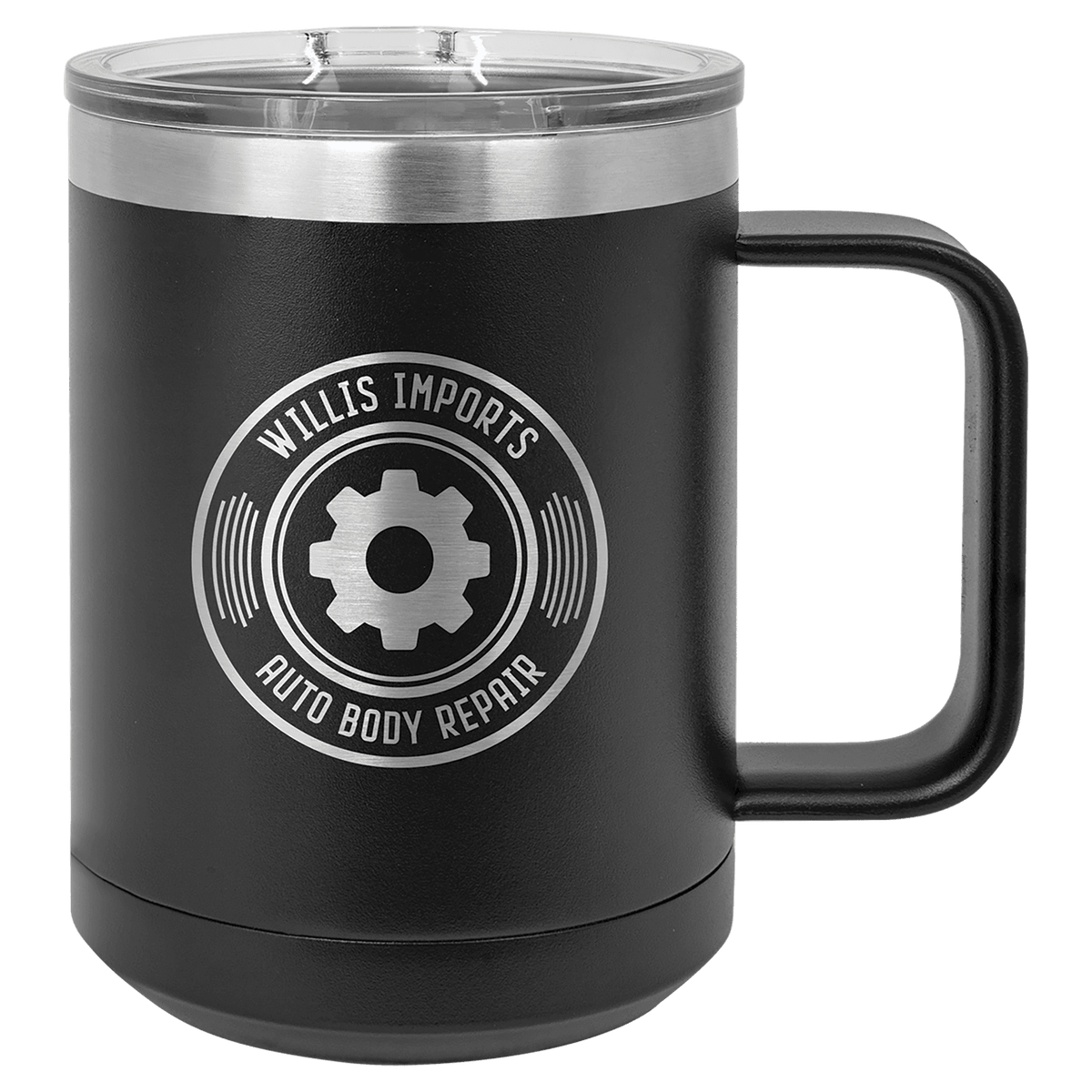 Black 15 oz laser engraved custom logo insulated coffee mug with handle and slider lid
