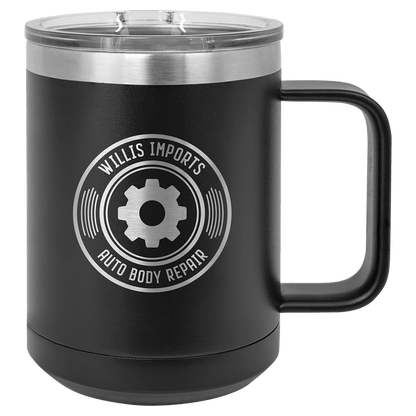 Black 15 oz laser engraved custom logo insulated coffee mug with handle and slider lid