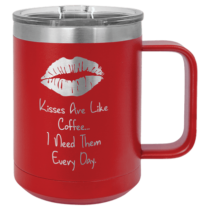 Red 15 oz laser engraved custom logo insulated coffee mug with handle and slider lid