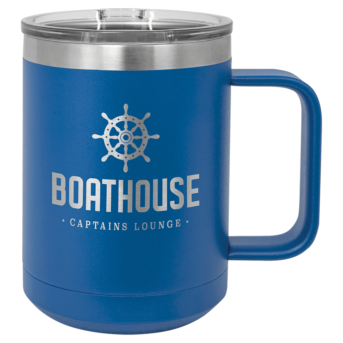 Royal Blue 15 oz laser engraved custom logo insulated coffee mug with handle and slider lid