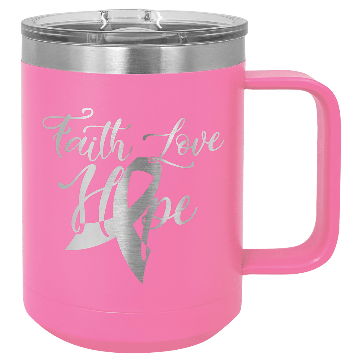 Pink 15 oz laser engraved custom logo insulated coffee mug with handle and slider lid