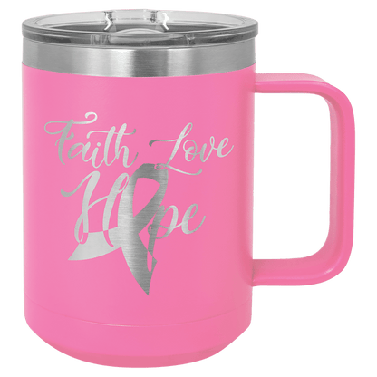 Pink 15 oz laser engraved custom logo insulated coffee mug with handle and slider lid