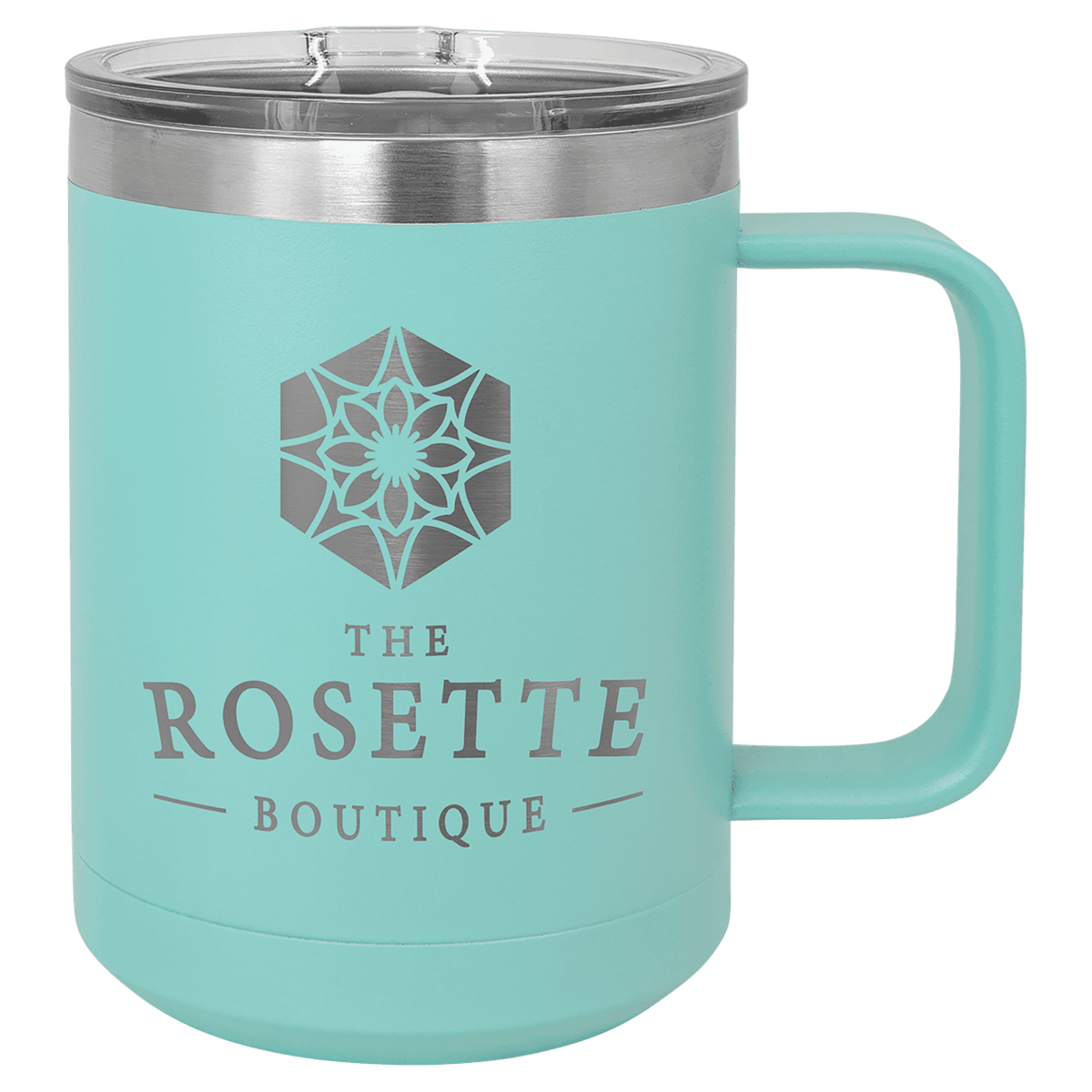 Teal 15 oz laser engraved custom logo insulated coffee mug with handle and slider lid
