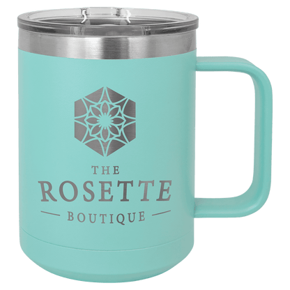 Teal 15 oz laser engraved custom logo insulated coffee mug with handle and slider lid