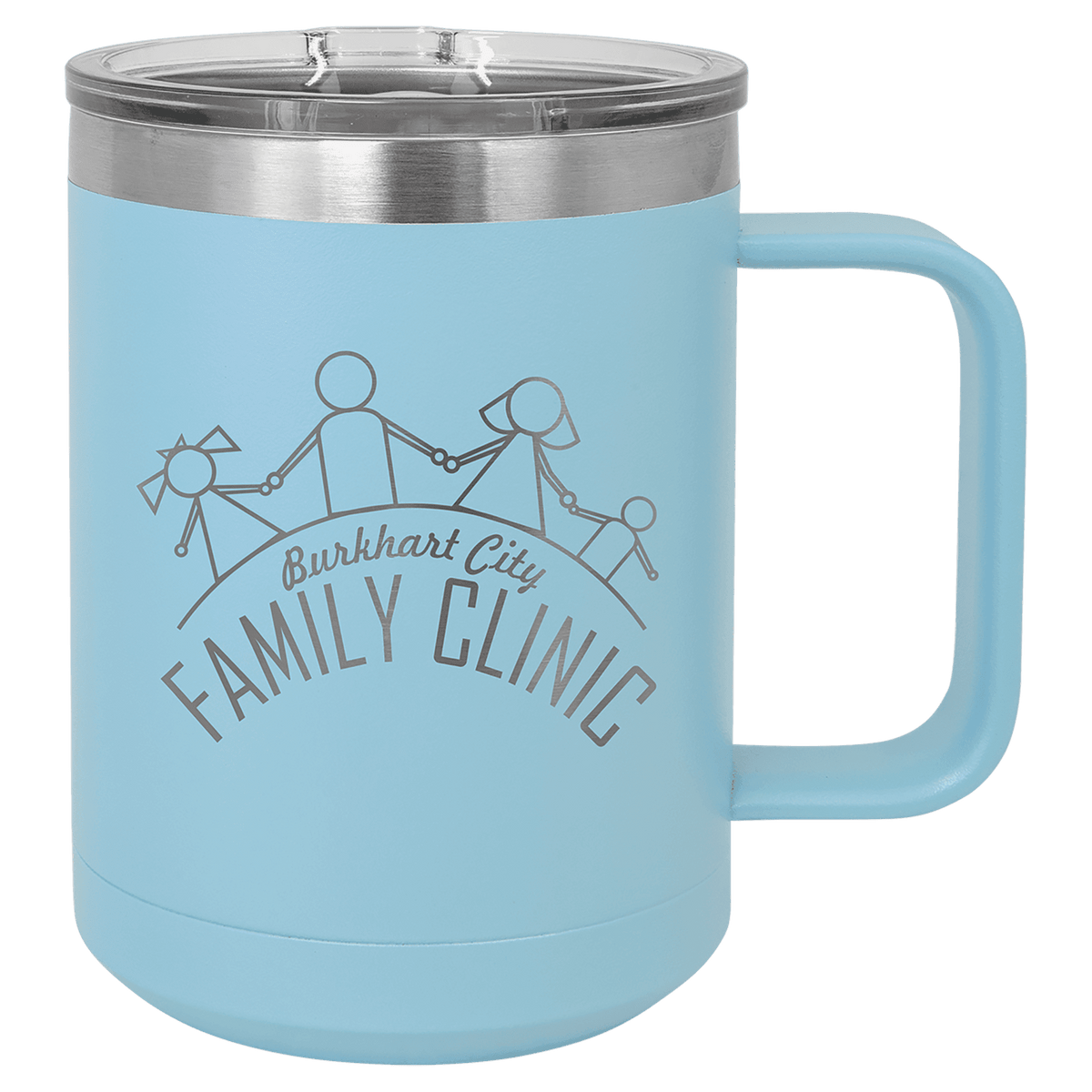 Light Blue 15 oz laser engraved custom logo insulated coffee mug with handle and slider lid