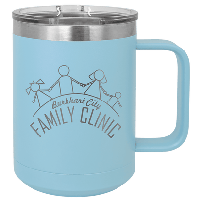 Light Blue 15 oz laser engraved custom logo insulated coffee mug with handle and slider lid