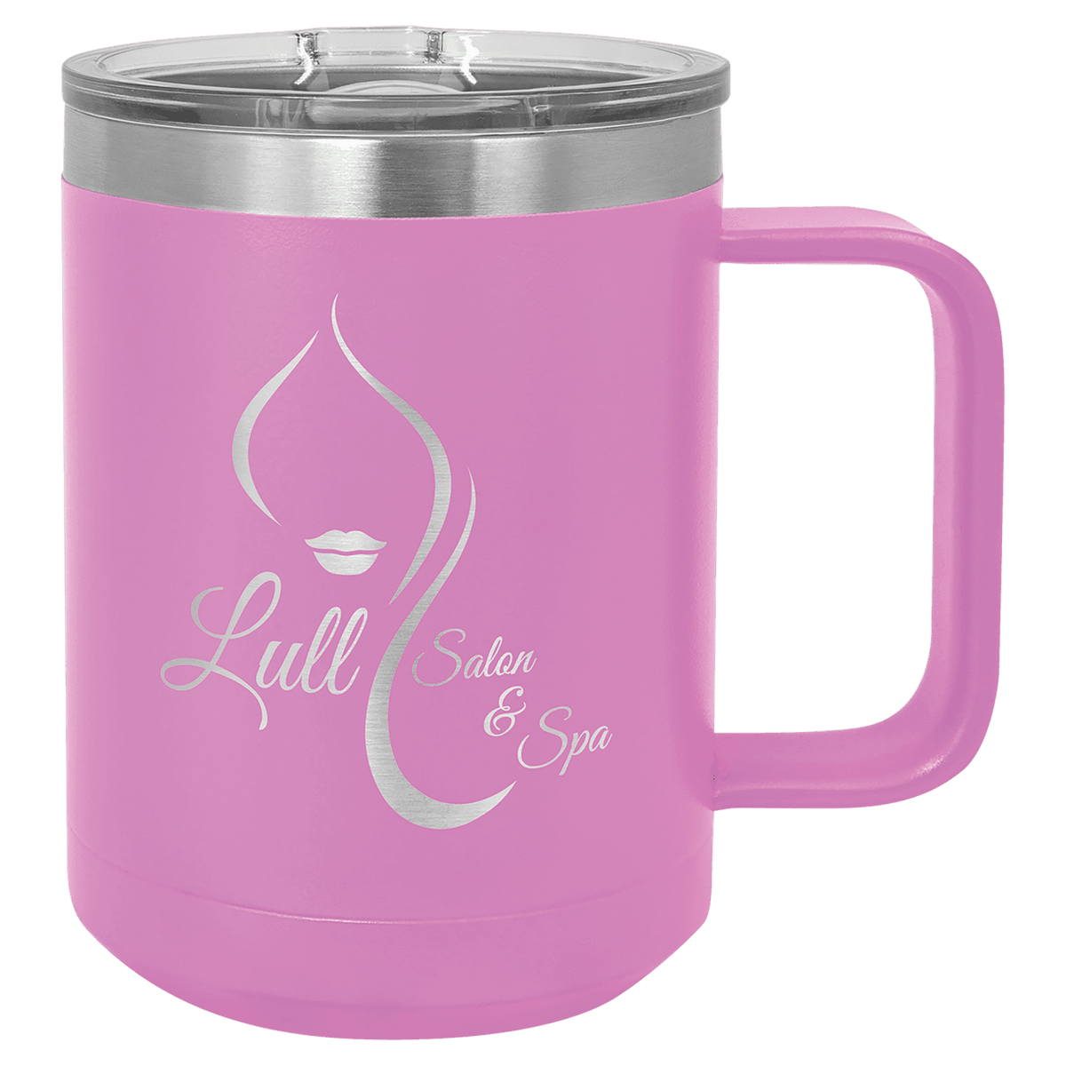 Light Purple 15 oz laser engraved custom logo insulated coffee mug with handle and slider lid