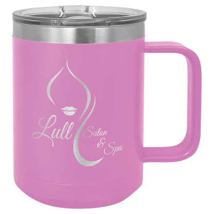 Light Purple 15 oz laser engraved custom logo insulated coffee mug with handle and slider lid