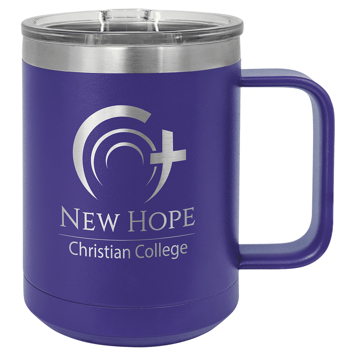 Purple 15 oz laser engraved custom logo insulated coffee mug with handle and slider lid