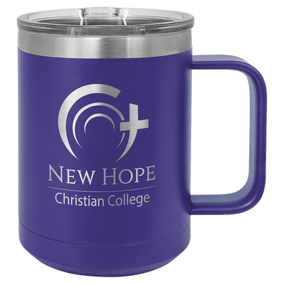 Purple 15 oz laser engraved custom logo insulated coffee mug with handle and slider lid