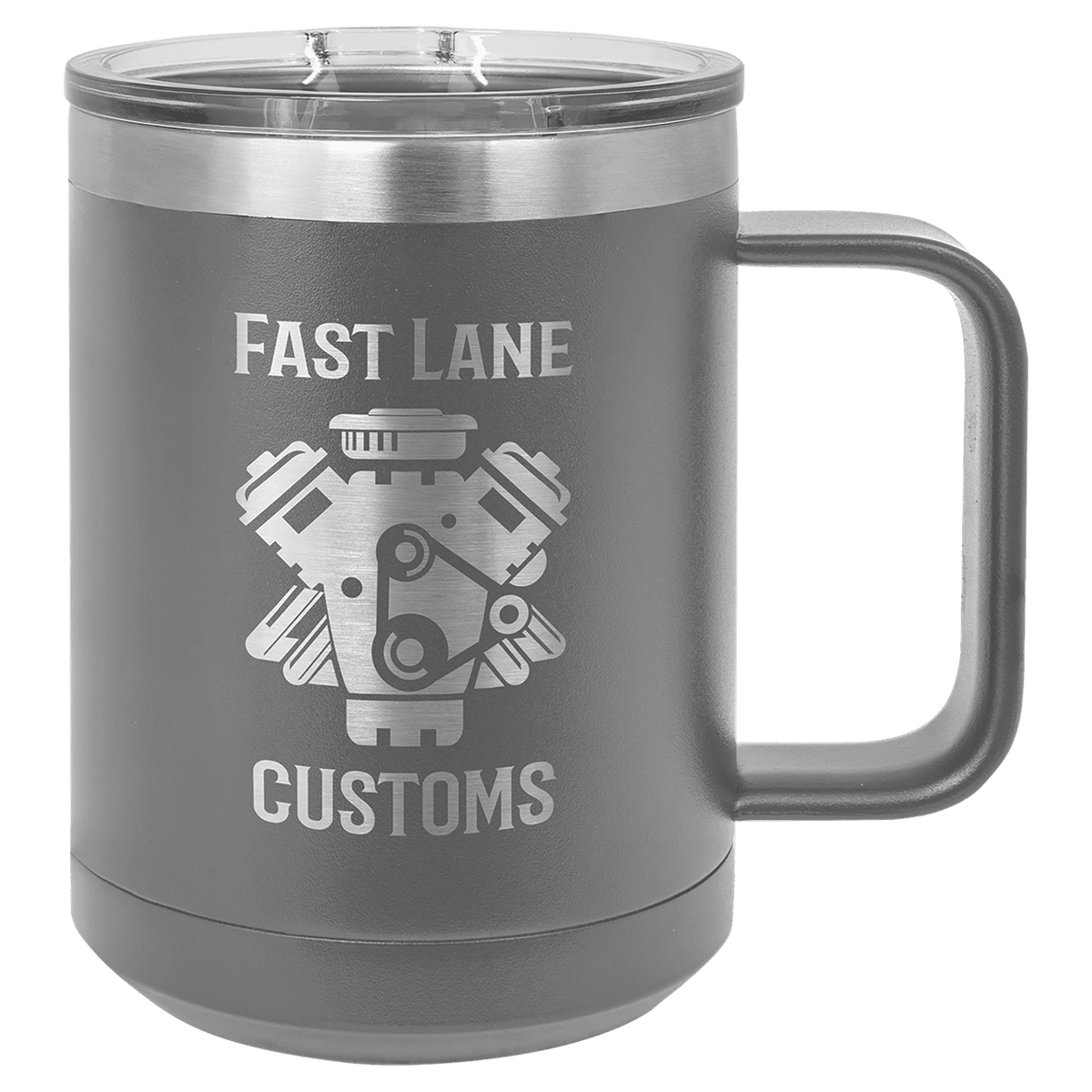 Dark Gray 15 oz laser engraved custom logo insulated coffee mug with handle and slider lid