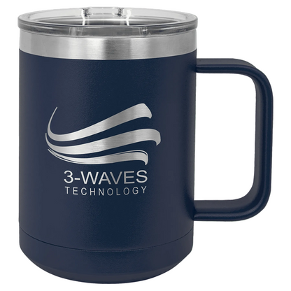 Navy Blue 15 oz laser engraved custom logo insulated coffee mug with handle and slider lid