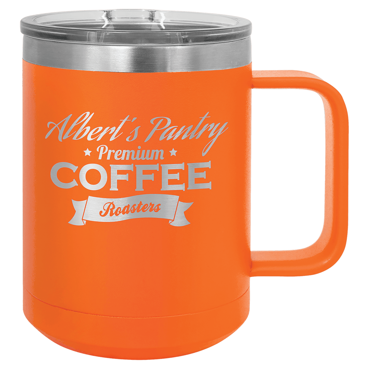 Orange 15 oz laser engraved custom logo insulated coffee mug with handle and slider lid