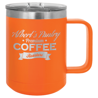 Orange 15 oz laser engraved custom logo insulated coffee mug with handle and slider lid