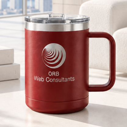 Maroon 15 oz laser engraved custom logo insulated coffee mug with handle and slider lid