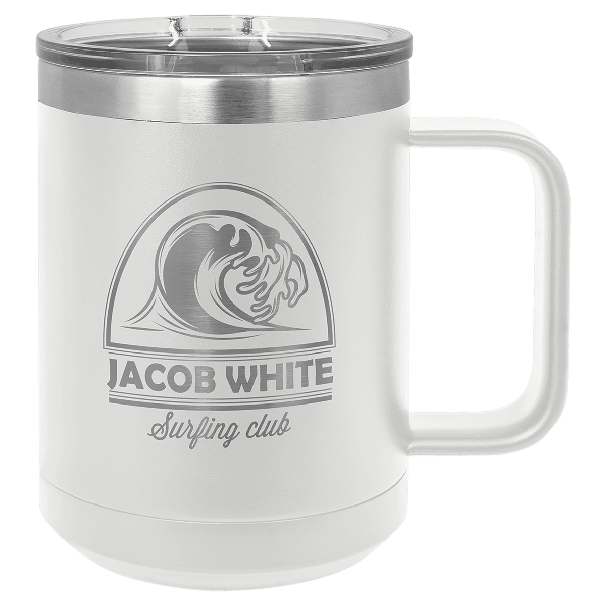 White 15 oz laser engraved custom logo insulated coffee mug with handle and slider lid