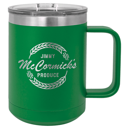 Green 15 oz laser engraved custom logo insulated coffee mug with handle and slider lid