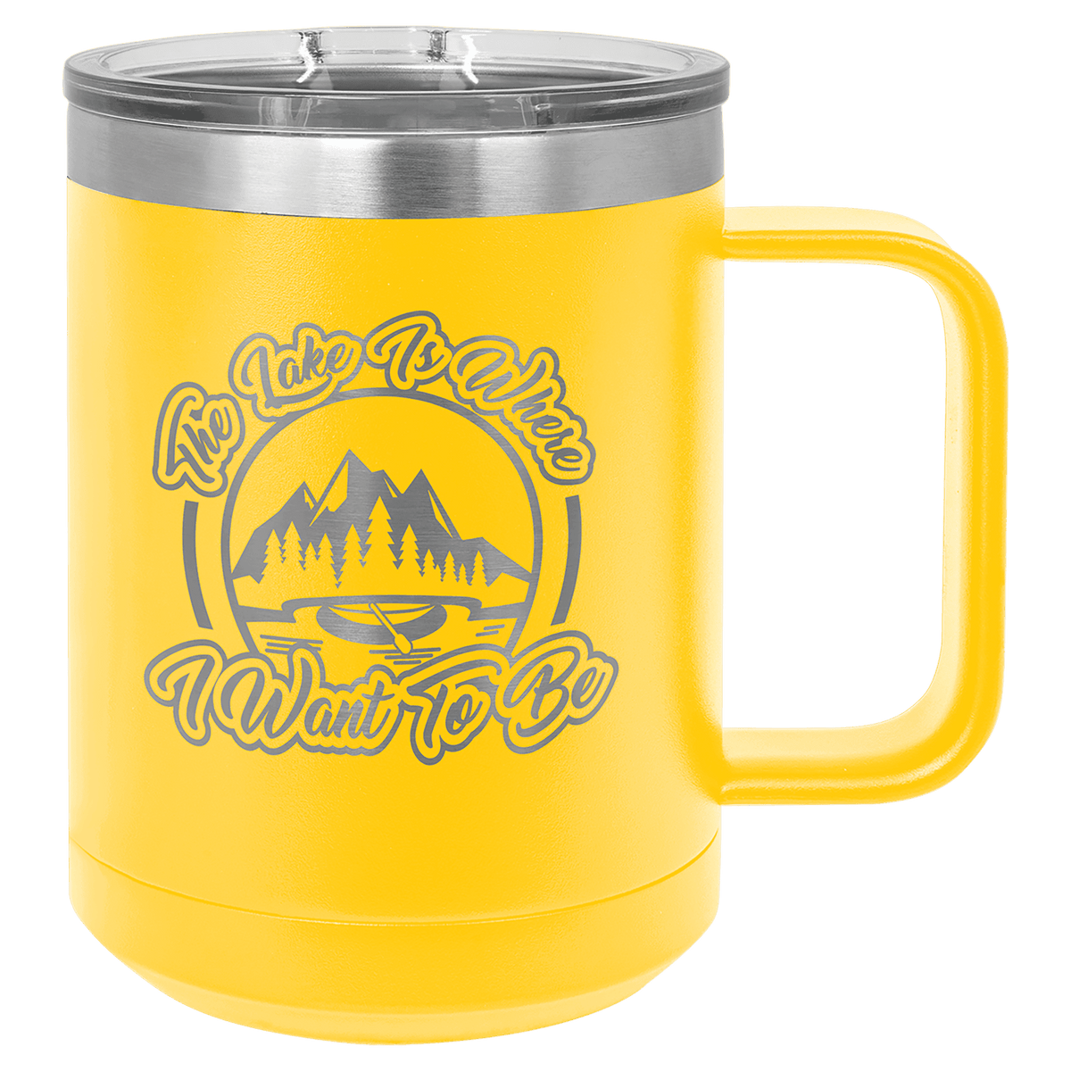 Yellow 15 oz laser engraved custom logo insulated coffee mug with handle and slider lid