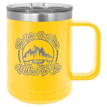 Yellow 15 oz laser engraved custom logo insulated coffee mug with handle and slider lid