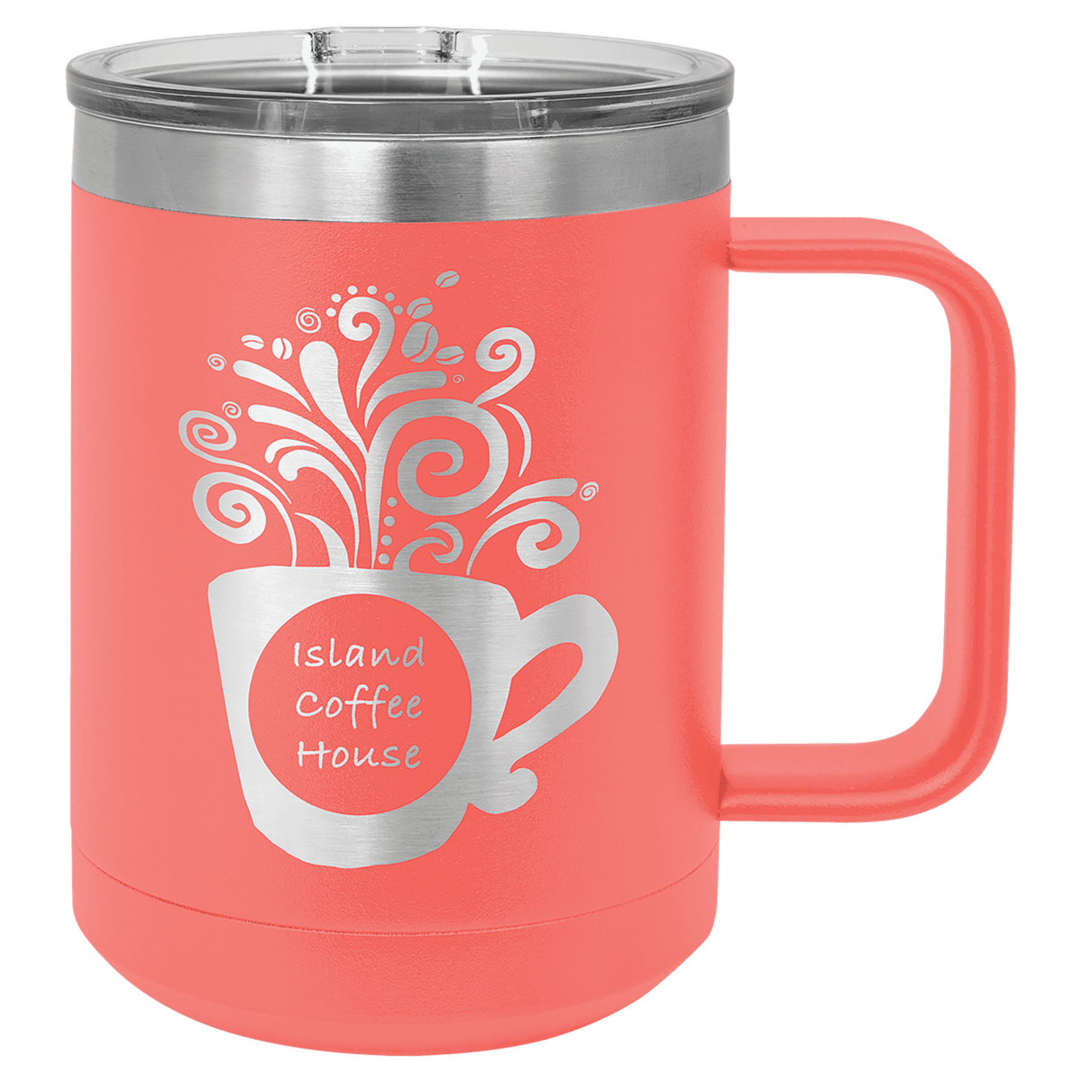 Coral 15 oz laser engraved custom logo insulated coffee mug with handle and slider lid
