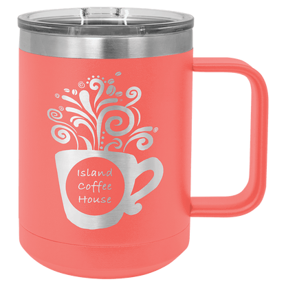 Coral 15 oz laser engraved custom logo insulated coffee mug with handle and slider lid