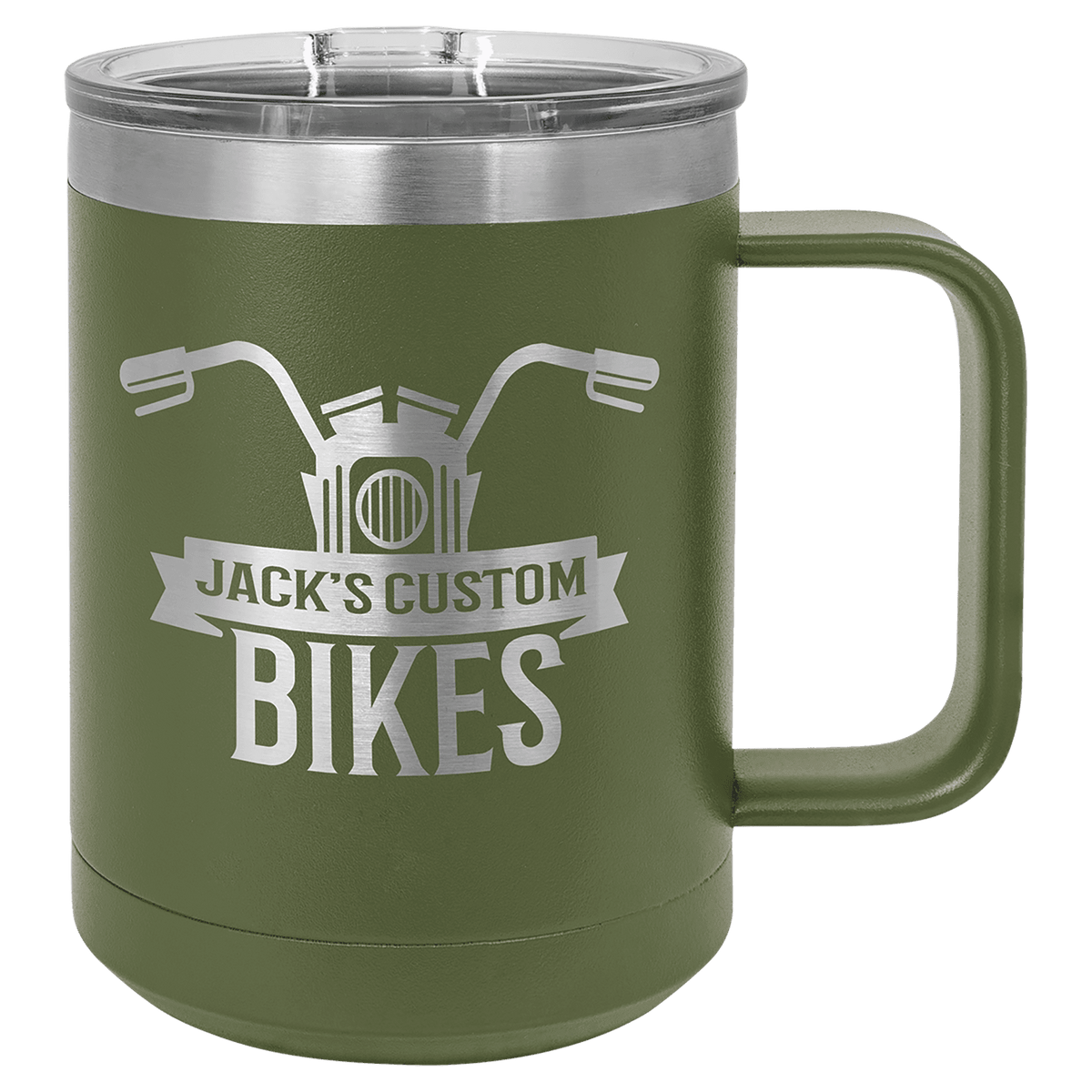 Olive Green 15 oz laser engraved custom logo insulated coffee mug with handle and slider lid