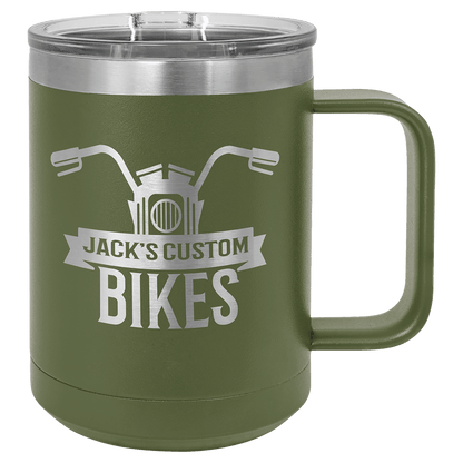 Olive Green 15 oz laser engraved custom logo insulated coffee mug with handle and slider lid