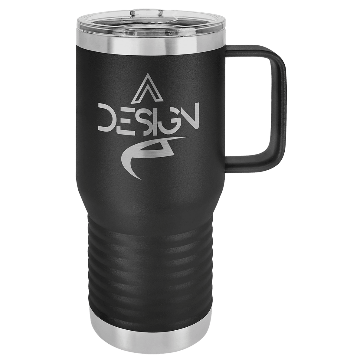 Black 20 oz laser engraved custom logo travel mug with handle and slider lid