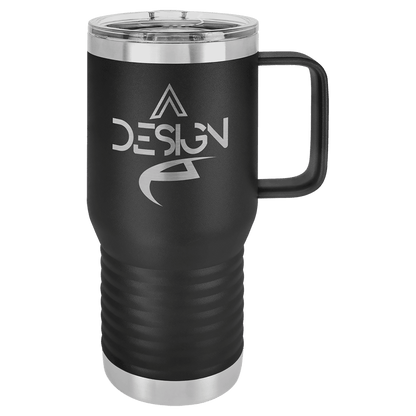 Black 20 oz laser engraved custom logo travel mug with handle and slider lid