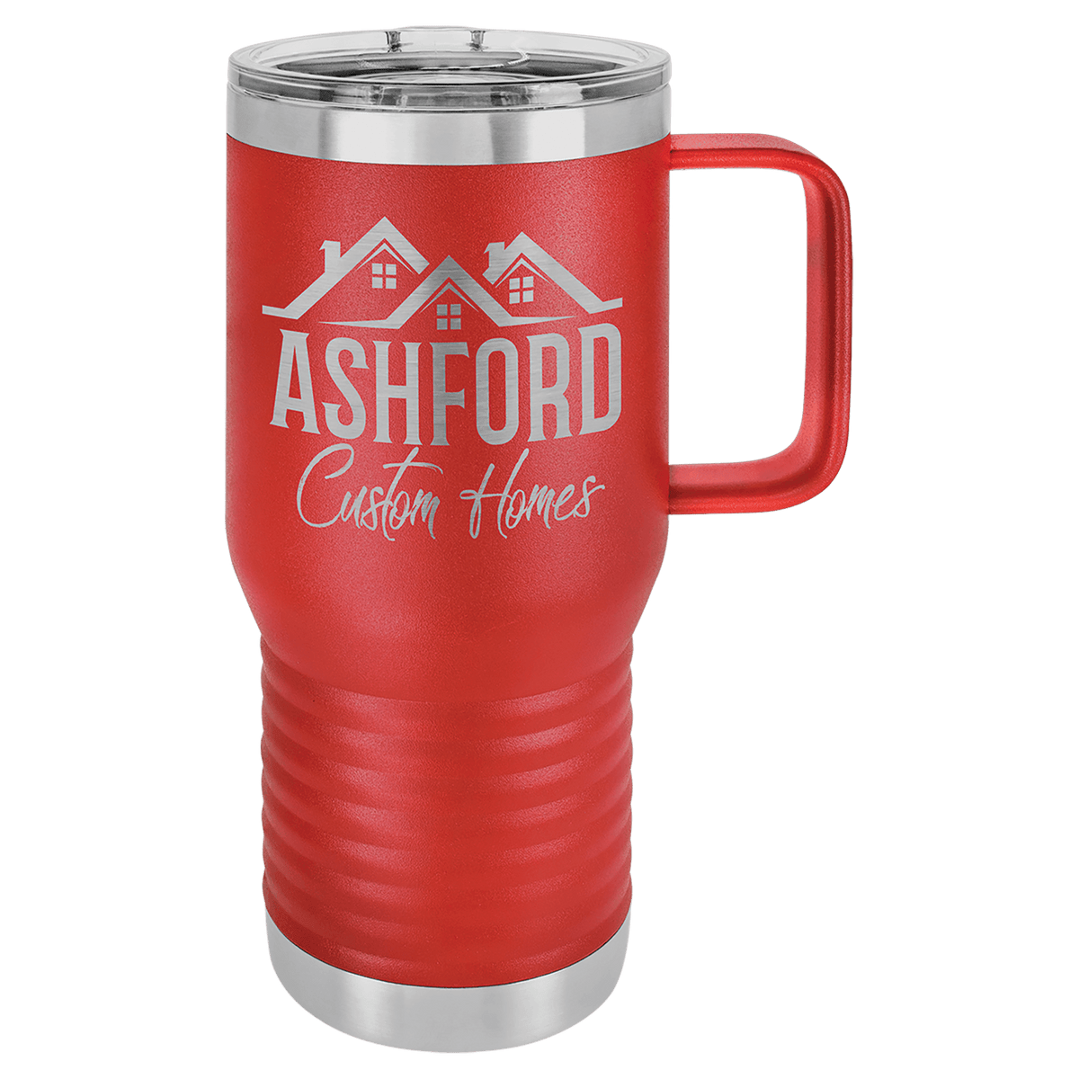 Red 20 oz laser engraved custom logo travel mug with handle and slider lid