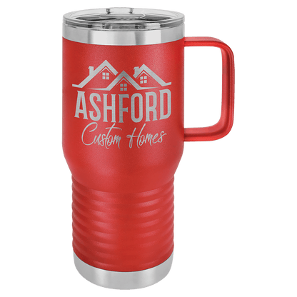 Red 20 oz laser engraved custom logo travel mug with handle and slider lid