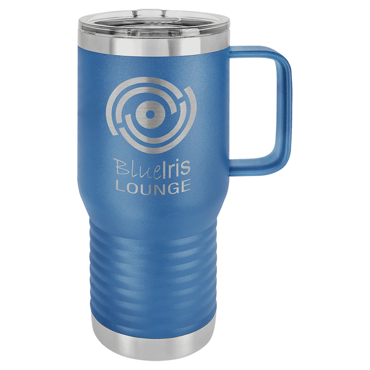 Royal Blue 20 oz laser engraved custom logo travel mug with handle and slider lid