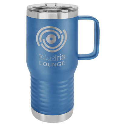 Royal Blue 20 oz laser engraved custom logo travel mug with handle and slider lid
