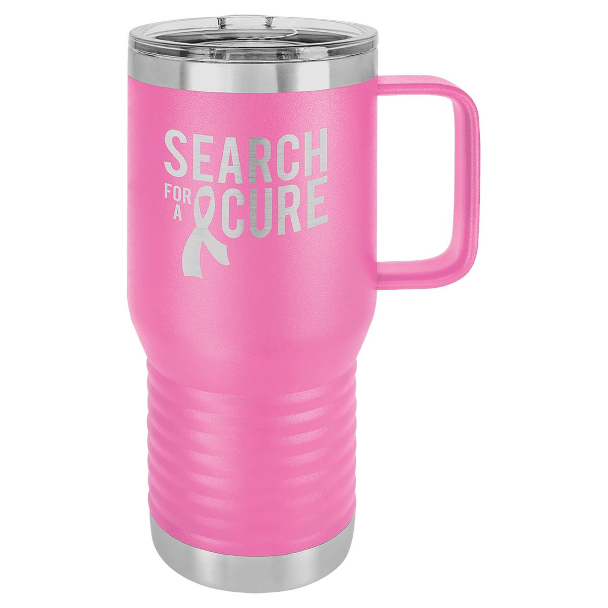 Pink 20 oz laser engraved custom logo travel mug with handle and slider lid