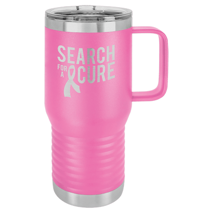 Pink 20 oz laser engraved custom logo travel mug with handle and slider lid